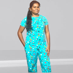 WOMENS PYAJAM SET WITH SIDE POCKET BLUE MICKEY