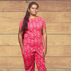 WOMENS PYAJAM SET WITH SIDE POCKET RED MICKEY