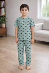 FP-6 Elite Kids unisex TSHIRT+PANT GREEN CHECKS PUPPY SEOUL SET