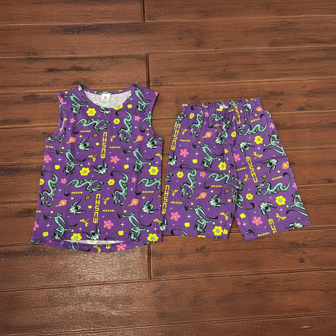 Kids Sleeveless Unisex Short Set Purple Dragon Print