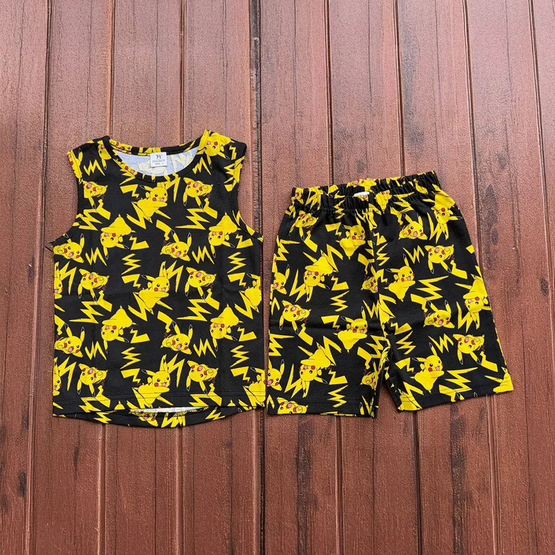 Kids Sleeveless Unisex Short Set Black Pikachoo Print