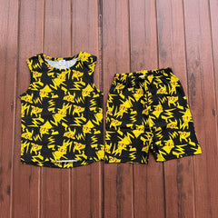 Kids Sleeveless Unisex Short Set Black Pikachoo Print