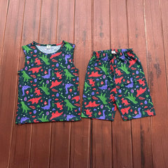 Kids Sleeveless Unisex Short Set Green Dino Print