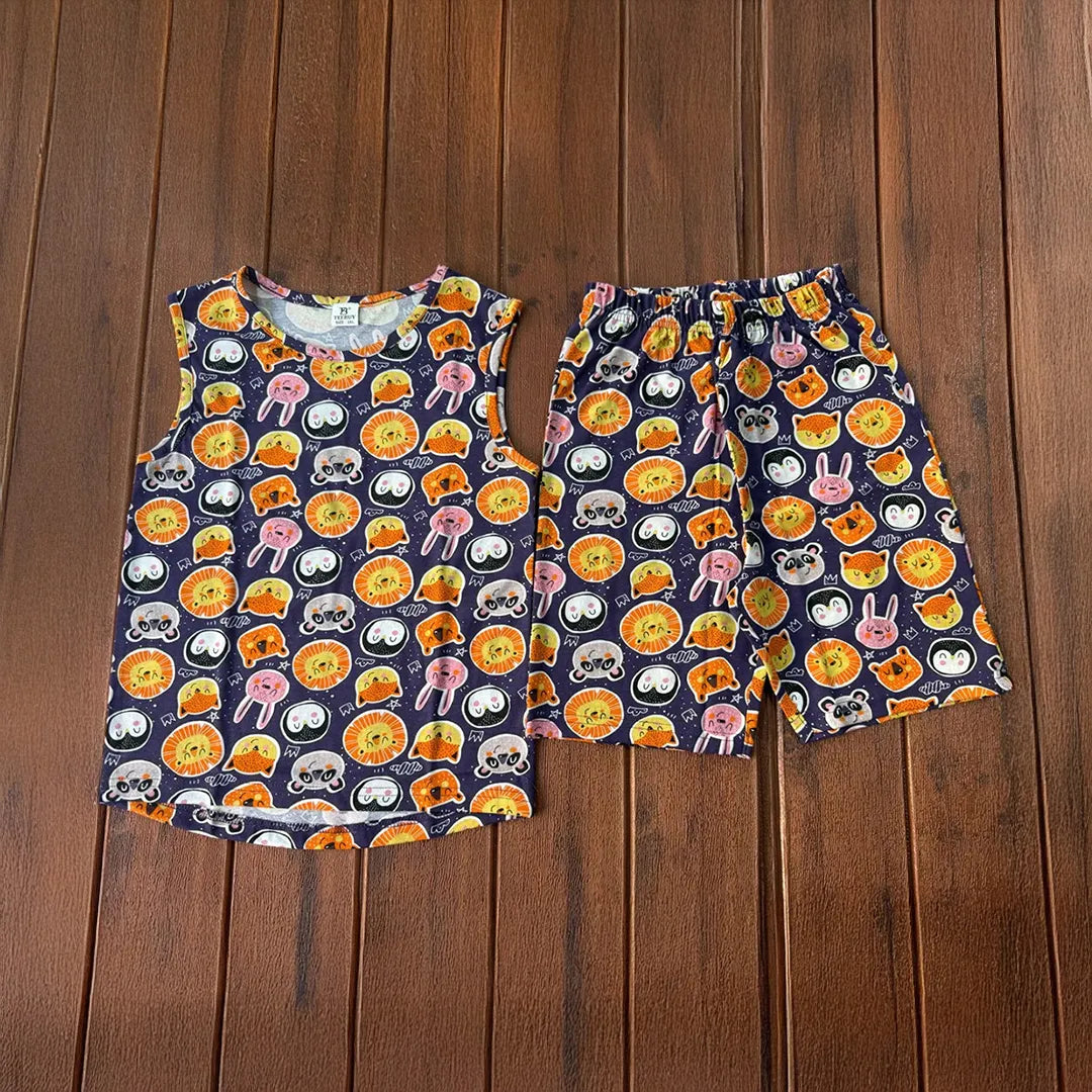 Kids Sleeveless Unisex Short Set Blue Fox Print