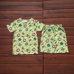 Kids Unisex Short Set Green Robot Print