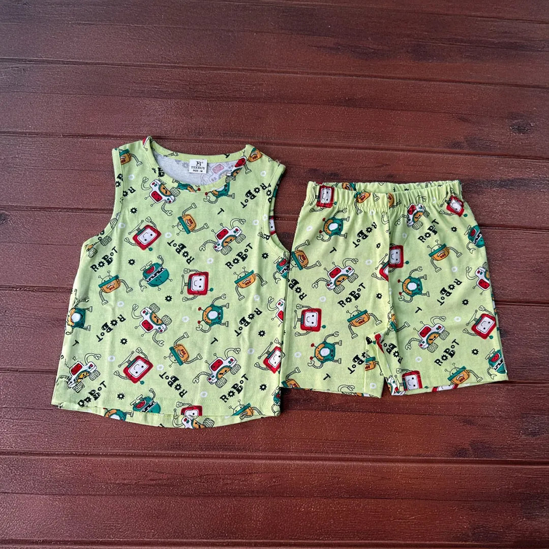 Kids Sleeveless Unisex Short Set Green Robot Print