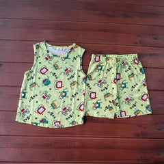 Kids Sleeveless Unisex Short Set Green Robot Print