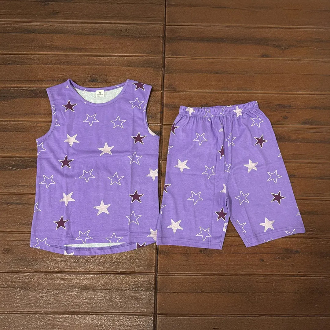 Kids Sleeveless Unisex Short Set Voilet Star Print