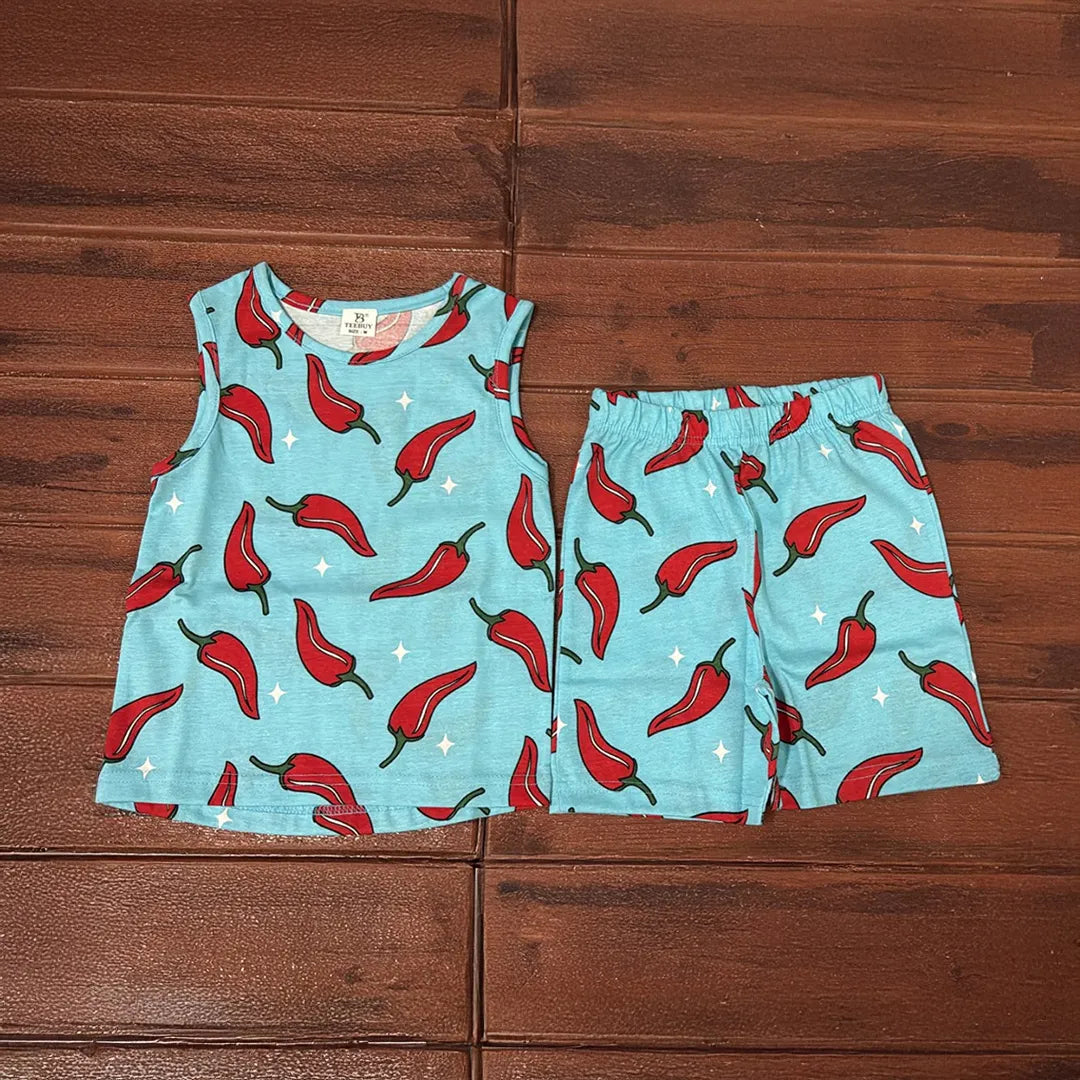 Kids Sleeveless Unisex Short Set Blue Chilli Print