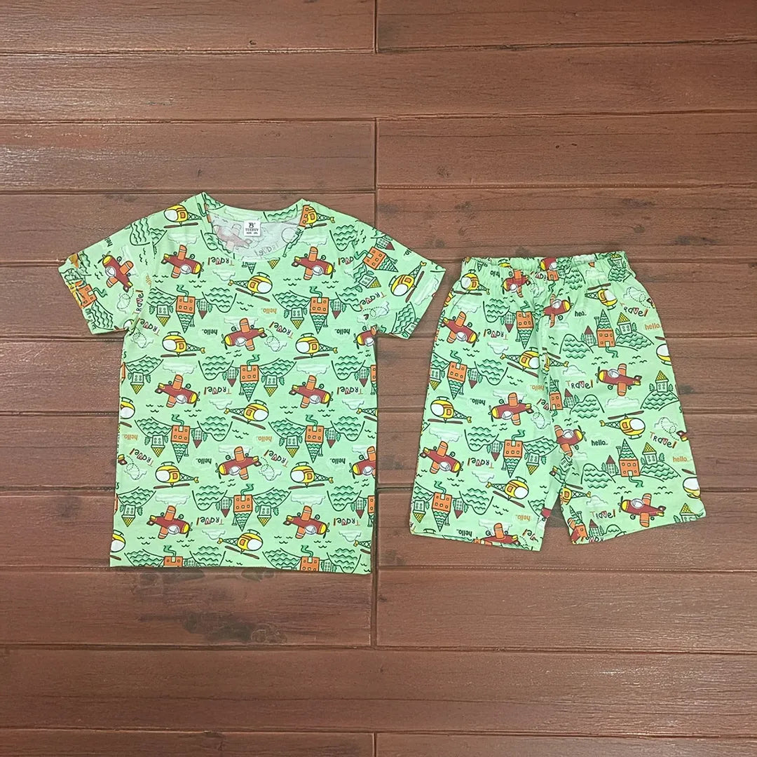 Kids Unisex Short Set Green Aeroplane Print