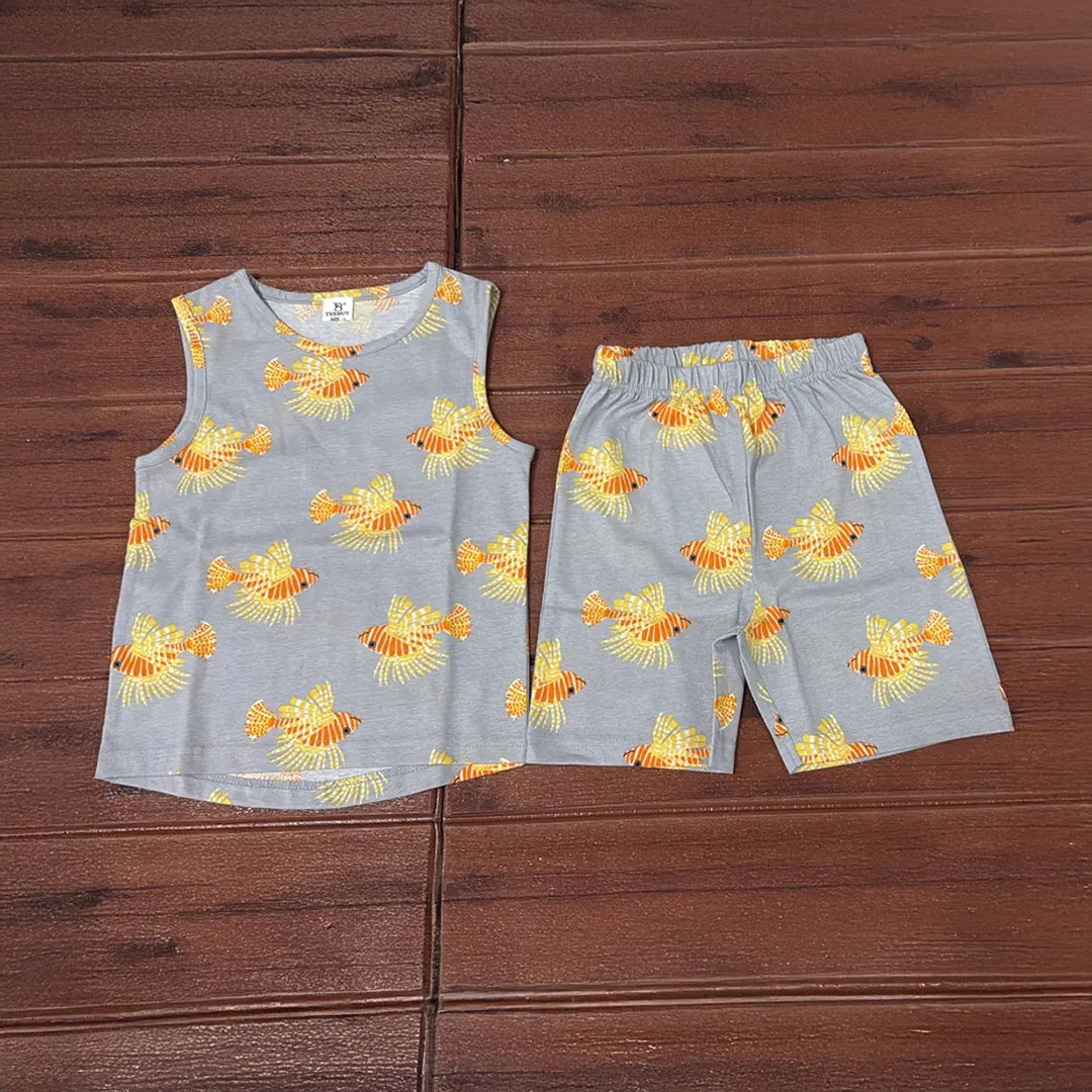 Kids Sleeveless Unisex Short Set Grey Fish Print