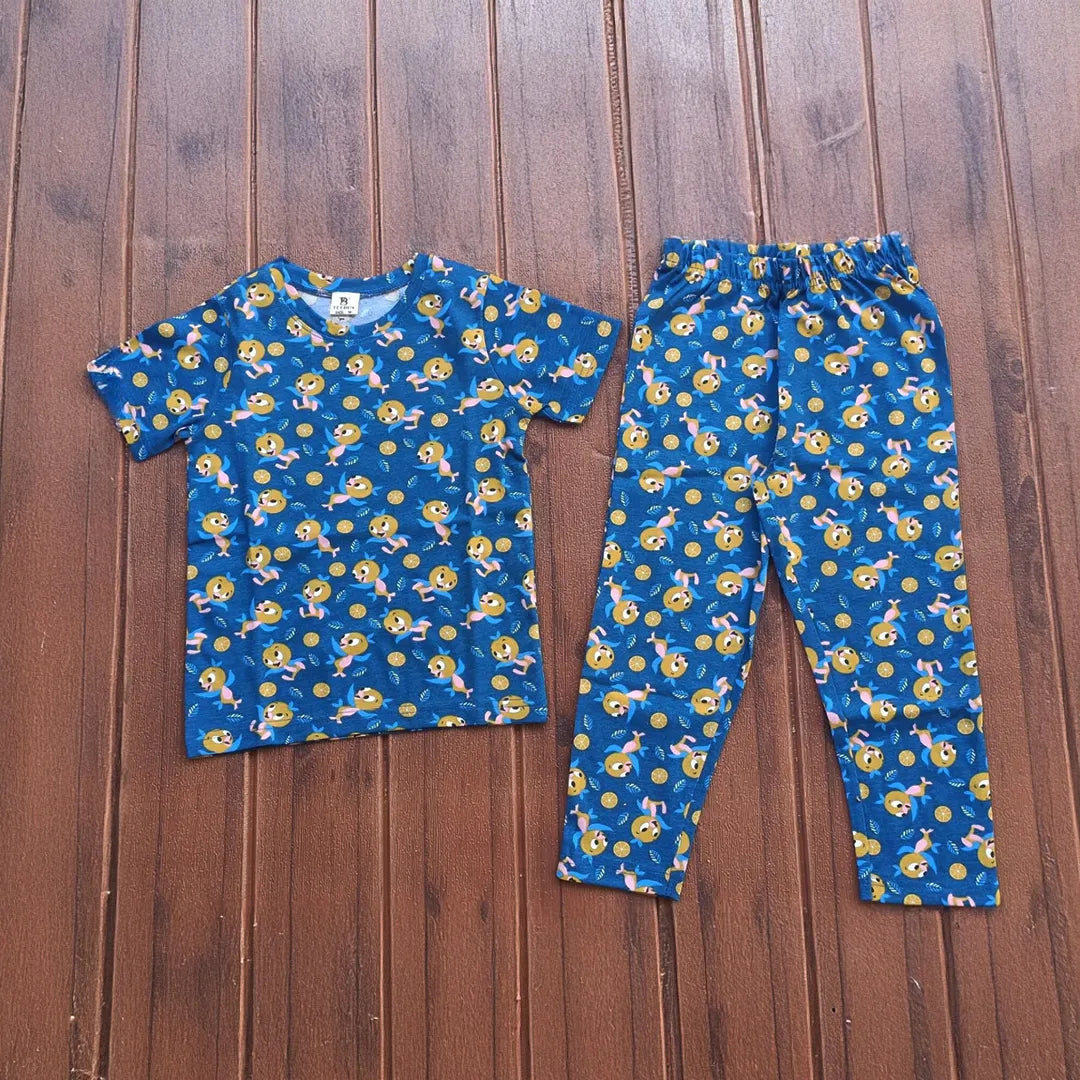 Kids Unisex T-Shirt Pant Set Blue Lemon Print