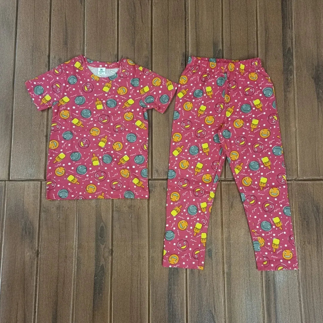 Kids Unisex T-Shirt Pant Set Pink Smiley Print