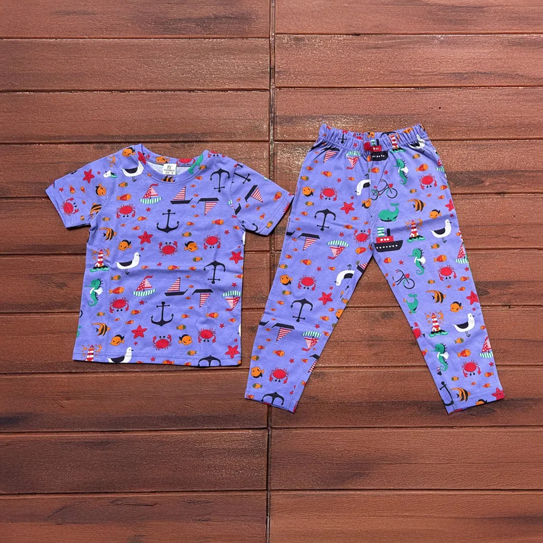 Kids Unisex T-Shirt Pant Set Violet Cycle Print