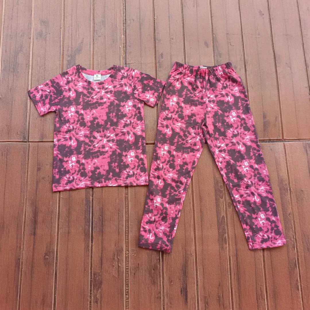 Kids Unisex T-Shirt Pant Set Pink Dye And Dye Print