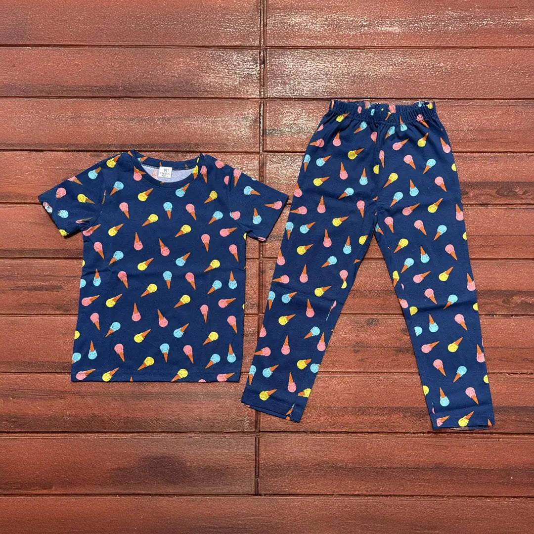 Kids Unisex T-Shirt Pant Set Ice Cream Navy Blue Print