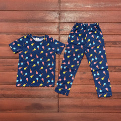 Kids Unisex T-Shirt Pant Set Ice Cream Navy Blue Print
