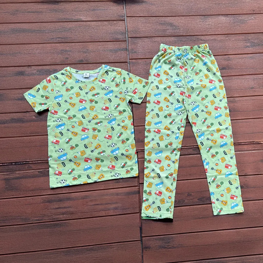 Kids Unisex T-Shirt Pant Set Green Car Print
