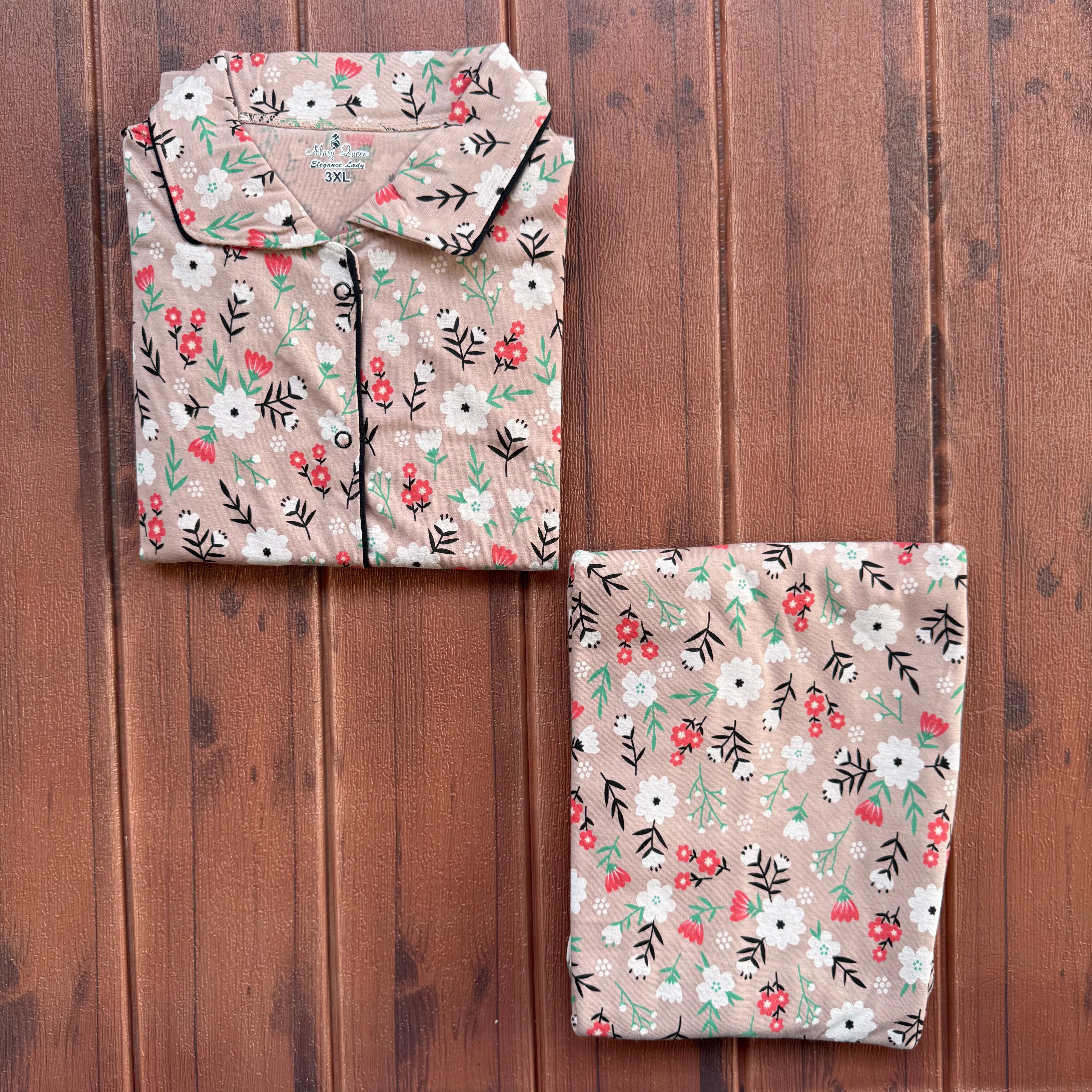 Teebuyclothing ELITE WOMENS SHIRT + PANT PYJAMA SET BEIGE FLOWER ELITE WOMENS SHIRT + PANT PYJAMA SET BEIGE FLOWER