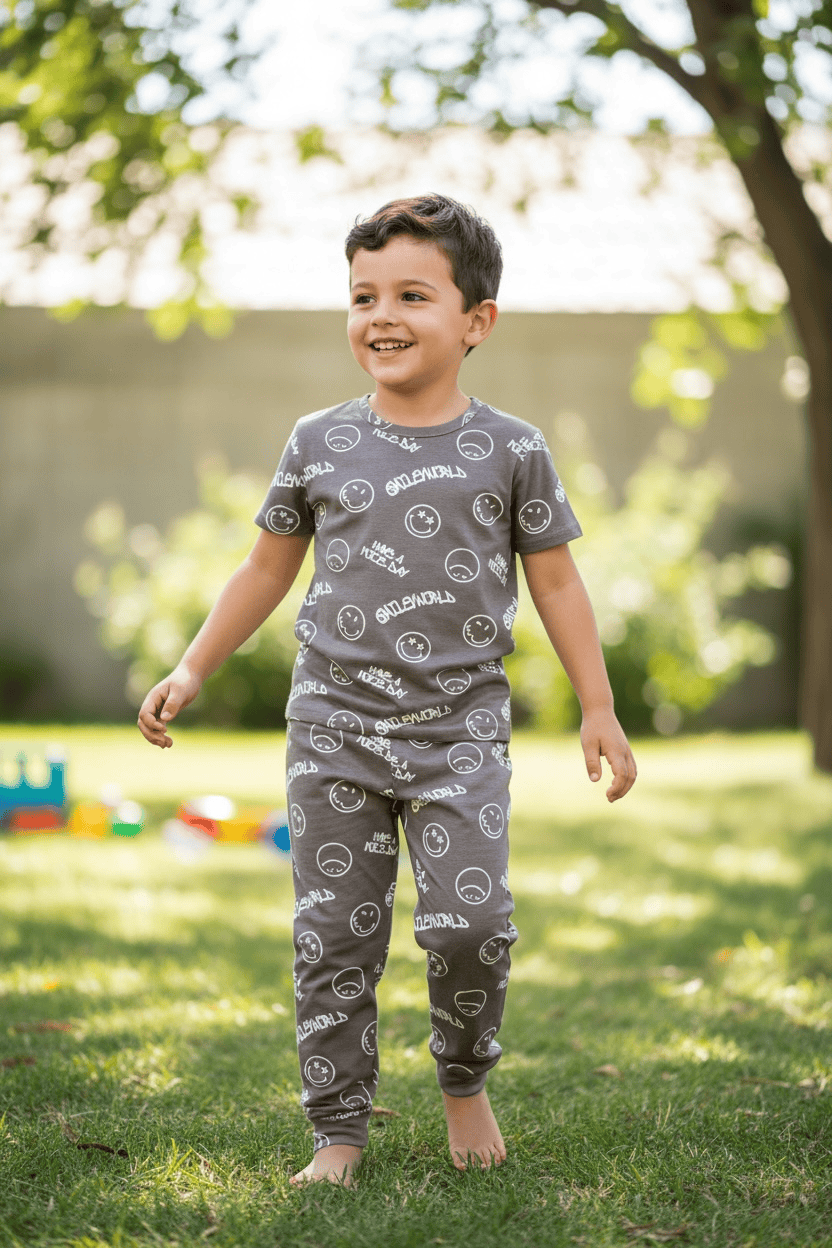 Teebuyindia kids wear Elite Kids unisex TSHIRT+PANT GREY SMILEY Elite Kids unisex TSHIRT+PANT GREY SMILEY