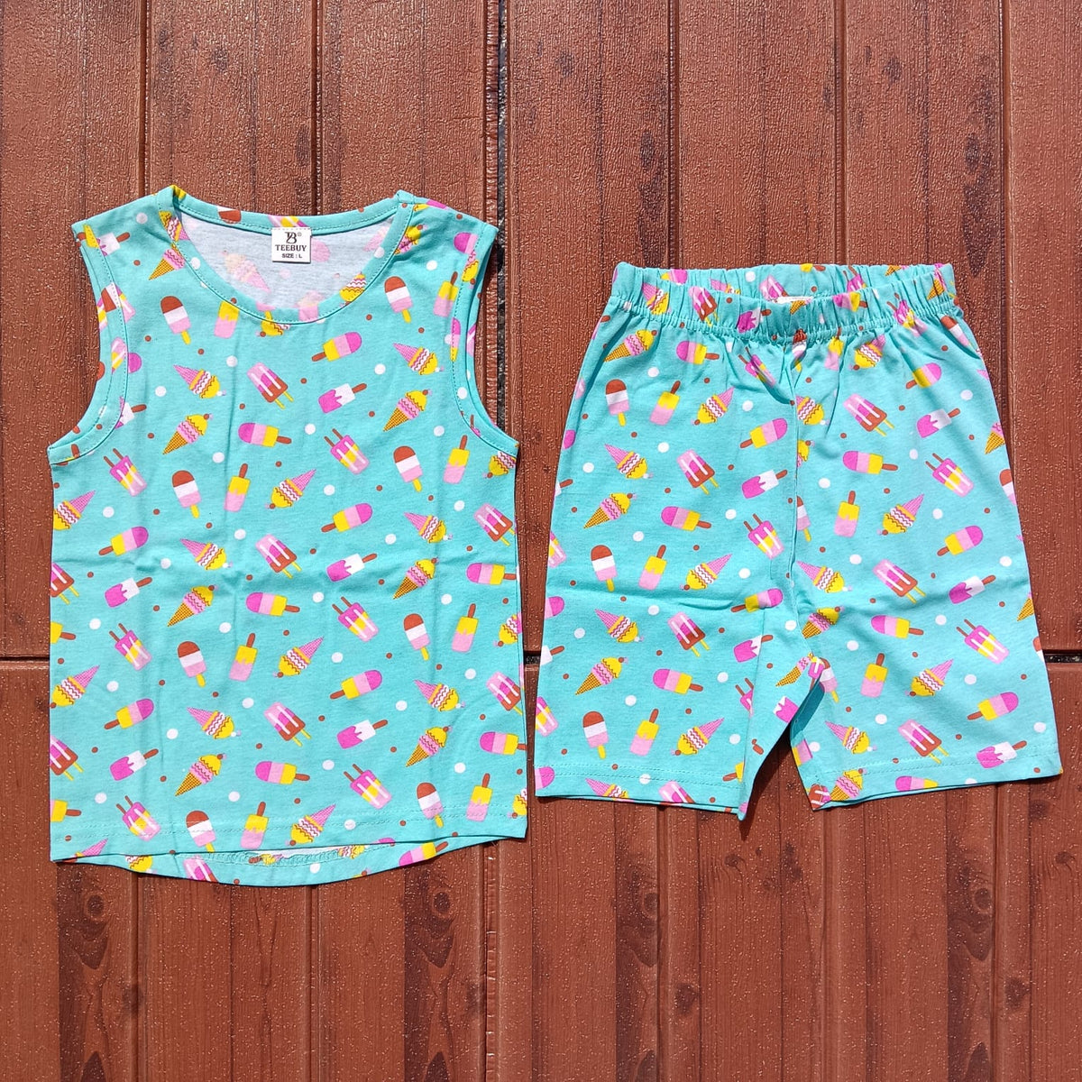 Kids Sleeveless Unisex Short Set  Green Ice Stick Print