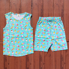 Kids Sleeveless Unisex Short Set  Green Ice Stick Print