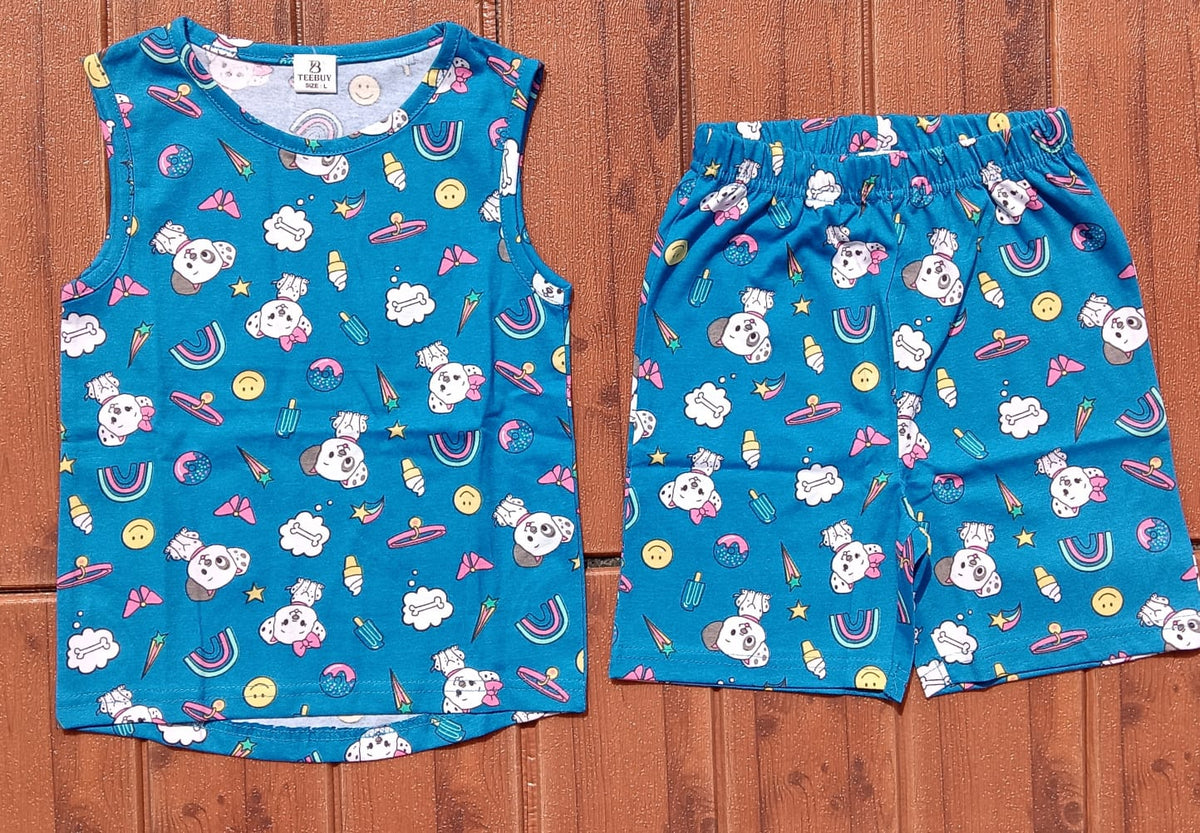 Kids Sleeveless Unisex Short Set blue dog print