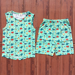 Kids Sleeveless Unisex Short Set Green Helicopter Print