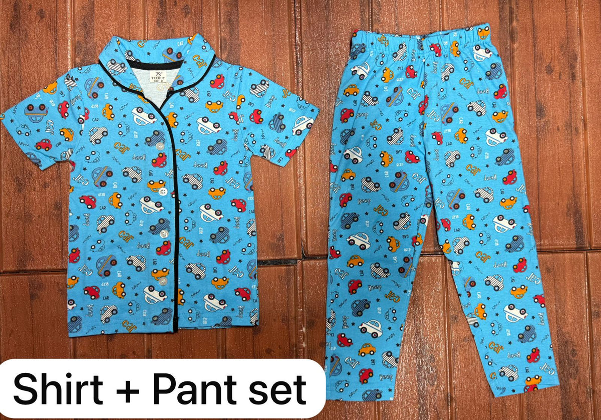 KIDS UNISEX SHIRT SET BLUE CAR PRINT