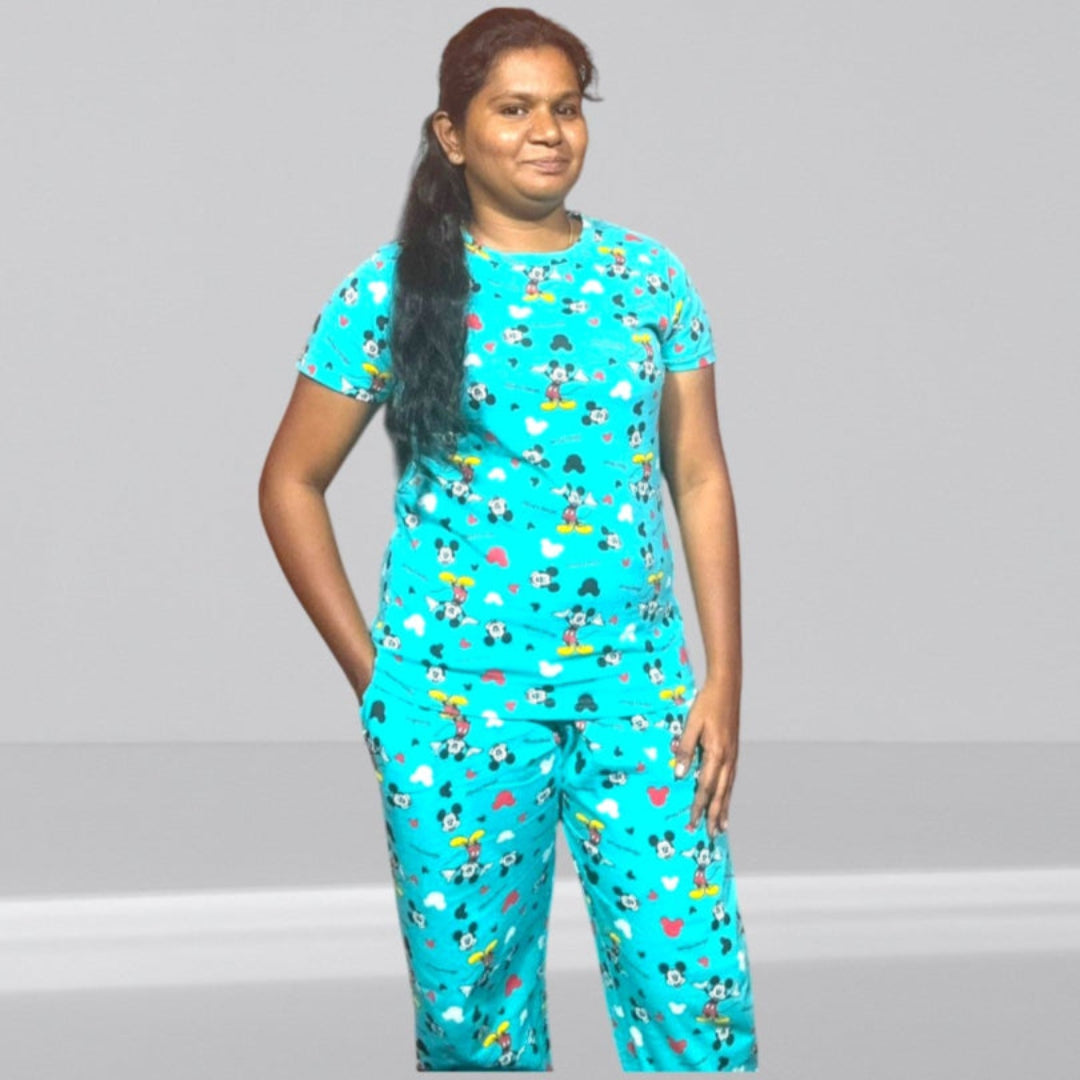 WOMENS PYAJAM SET WITH SIDE POCKET BLUE MICKEY