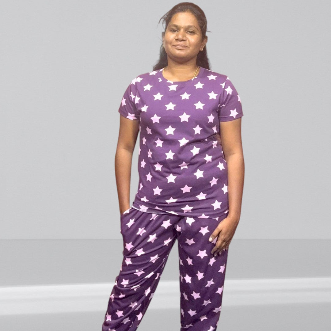 WOMENS PYAJAM SET WITH SIDE POCKET VOILET STAR