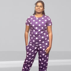 WOMENS PYAJAM SET WITH SIDE POCKET VOILET STAR
