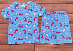Children's pajama set with CAT  and MILK pattern on blue fabric.