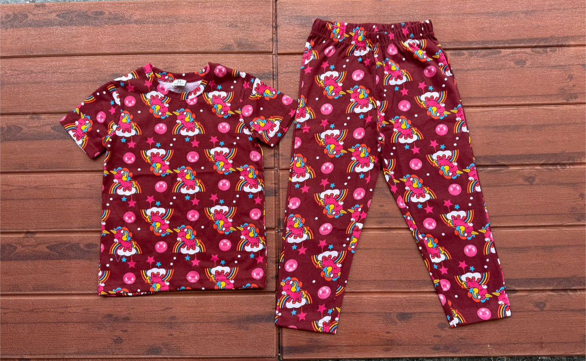 Kids unisex TSHIRT+PANT MEROON UNICORN