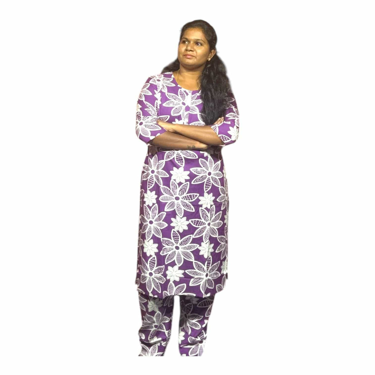 Teebuyclothing Purple Floral Rayon Kurti Set with Pocket Purple Floral Rayon Kurti Set with Pocket