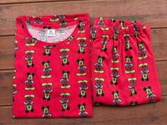 WOMENS PYAJAM SET WITH SIDE POCKET RED MICKEY