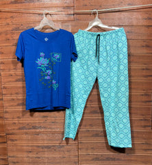 ELITE WOMENS PYJAMA SET WITH FULL PANT ROYAL BLUE  FLOWER