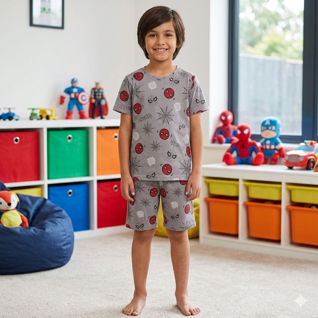 Teebuyindia kids wear ELITE KIDS UNISEX  SHORTSET GREY SPIDER ELITE KIDS UNISEX  SHORTSET GREY SPIDER