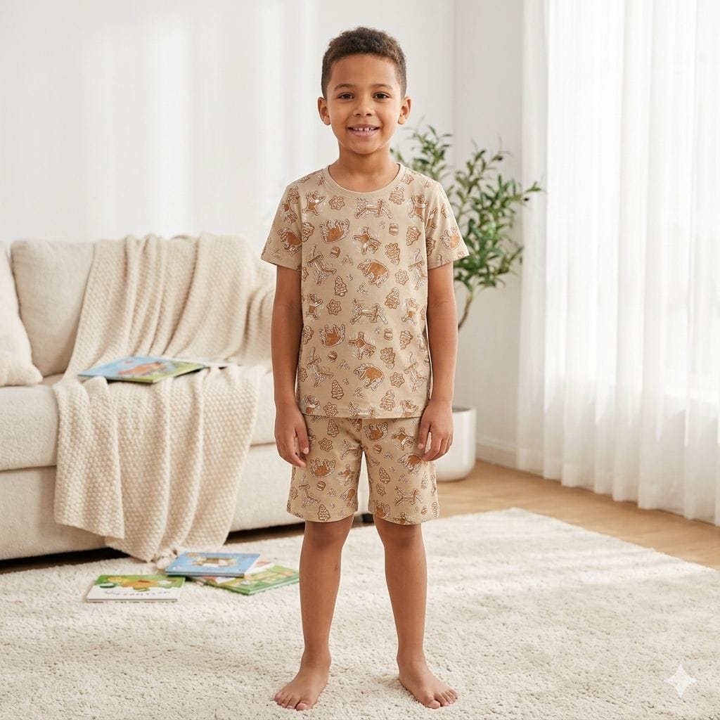 Teebuyindia kids wear ELITE KIDS UNISEX  SHORTSET BEIGE PRINT ELITE KIDS UNISEX  SHORTSET BEIGE PRINT