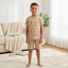 Teebuyindia kids wear ELITE KIDS UNISEX  SHORTSET BEIGE PRINT ELITE KIDS UNISEX  SHORTSET BEIGE PRINT